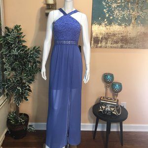 I.N. San Francisco Bleu sleeveless Lace/chiffon front slit dress size 5